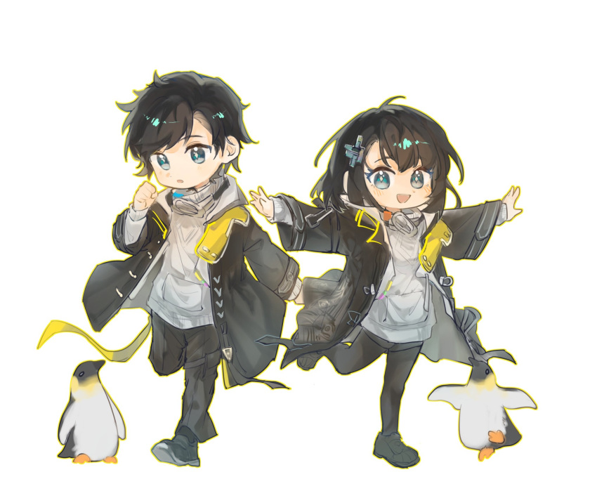 1boy, 1girl, :d, animal, arknights, arknights:_endfield, bird, black_hair