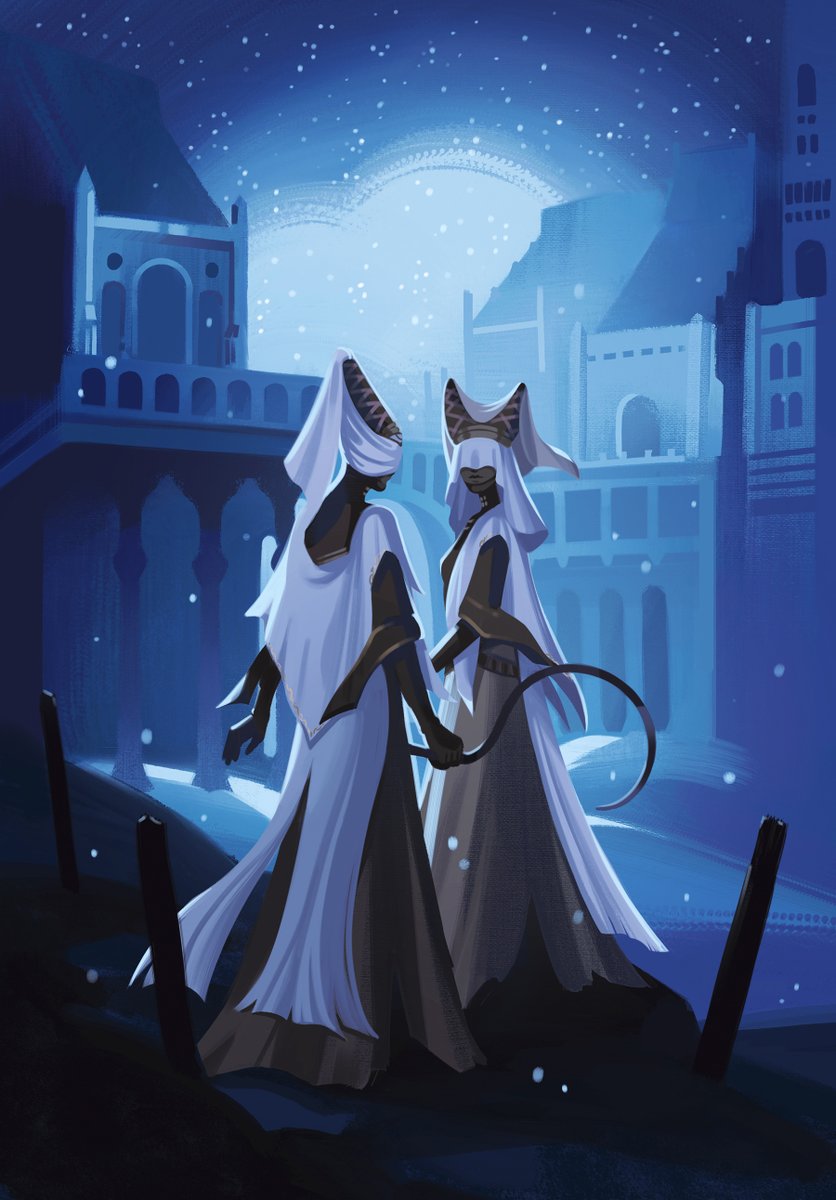 2girls, black_skin, building, colored_skin, commentary, covered_eyes, dress, elden_ring