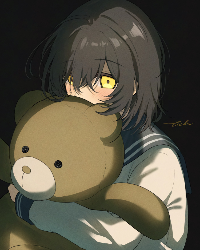 1girl, absurdres, black_background, black_hair, black_sailor_collar, blush, commentary_request, hair_between_eyes