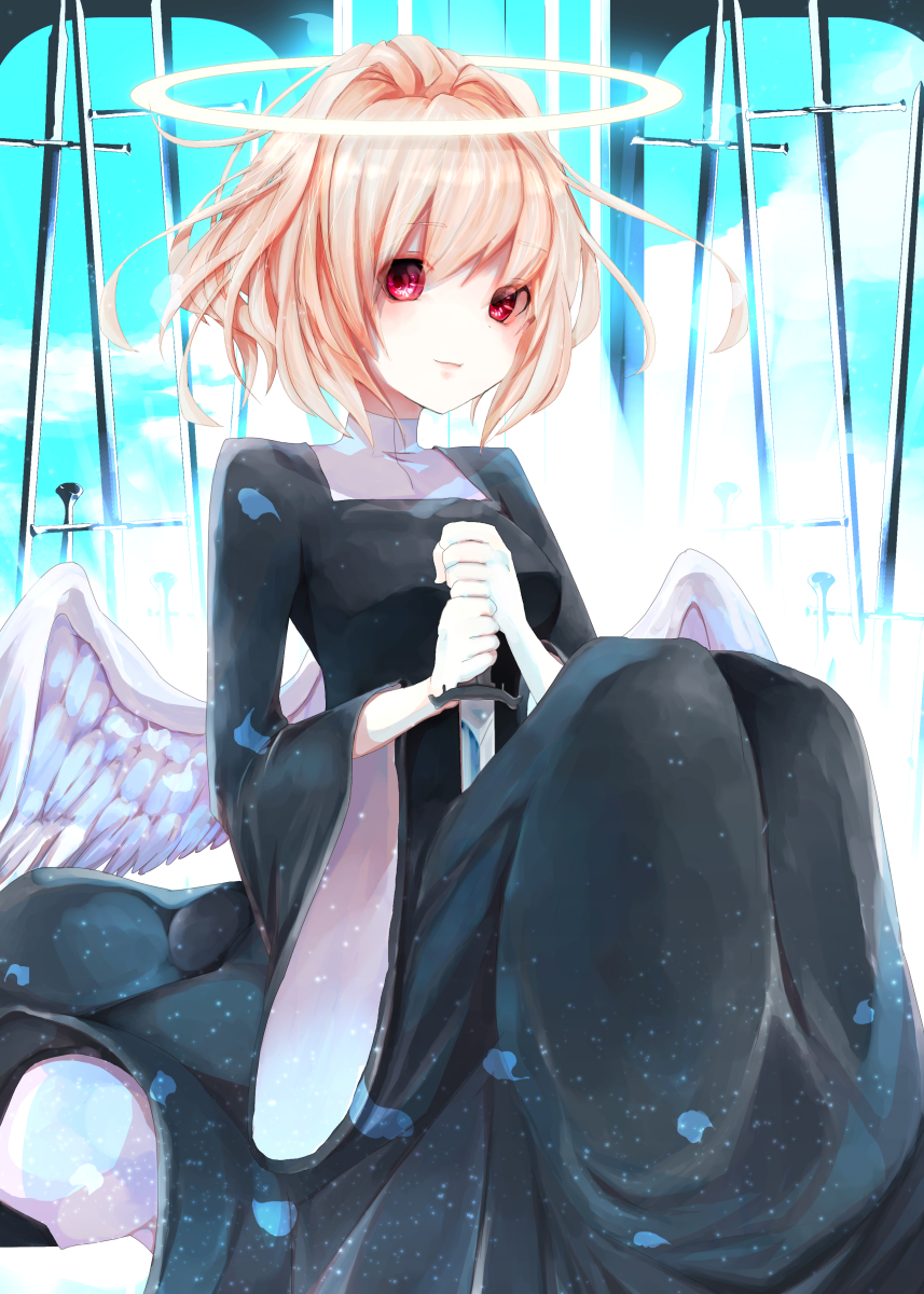 blonde_hair, halo, highres, nun, original, pink_hair, red_eyes, robe