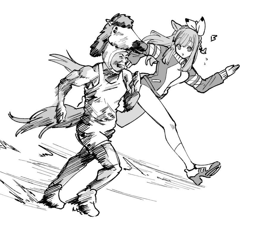 1boy, 1girl, ^^^, almond_eye_(umamusume), animal_ears, bow, braid, buruma