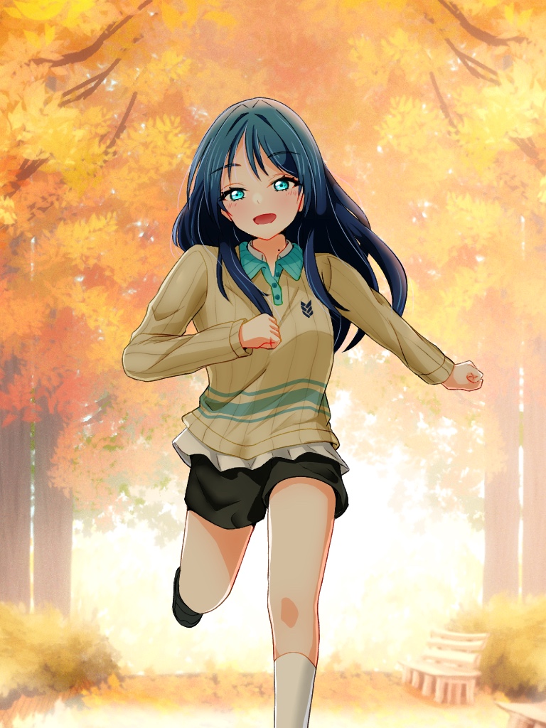 1girl, :d, autumn, autumn_leaves, black_shorts, blue_eyes, blue_hair, blush, clenched_hands, commentary_request, contrast_collar, foot_out_of_frame, hair_down, kneehighs, leaf, leg_up, link!_like!_love_live!, long_hair, long_sleeves, looking_at_viewer, love_live!, mole, mole_on_neck, murano_sayaka, murano_sayaka_(playground), official_alternate_costume, open_mouth, outdoors, polo_shirt, ribbed_shirt, running, shirt, short_shorts, shorts, smile, socks, solo, virtual_youtuber, white_socks, yellow_shirt, yuzumichi