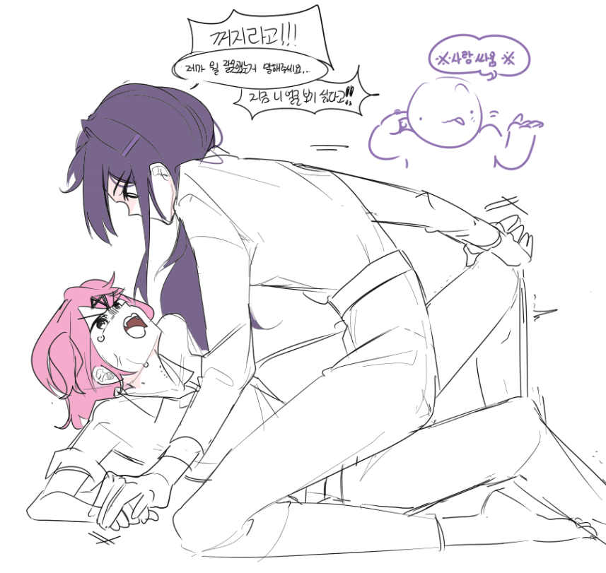2girls, bite_mark, bite_mark_on_neck, commentary_request, doki_doki_literature_club, greyscale, hand_on_another's_leg, holding_hands