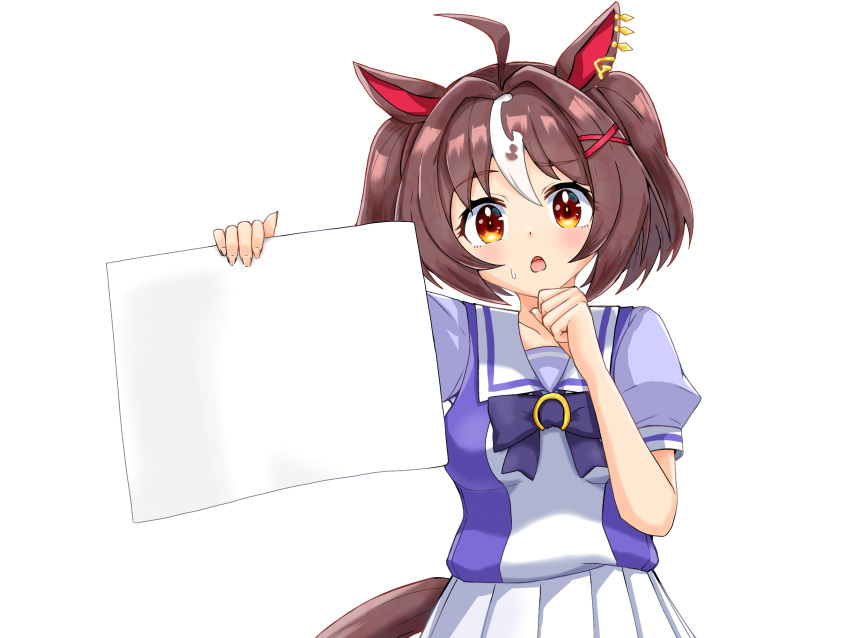 1girl, ahoge, blurry, blurry_background, breasts, brown_eyes, brown_hair, clenched_hand