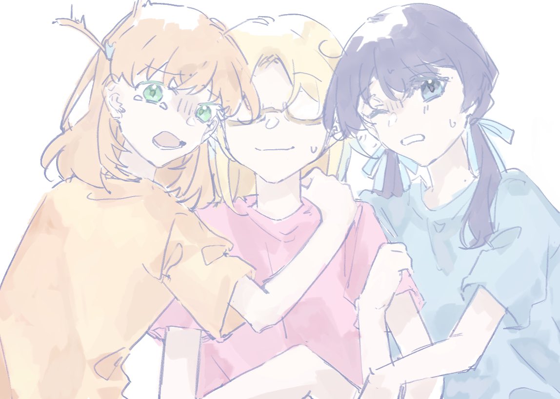 3girls, blonde_hair, blue_hair, blue_ribbon, blue_shirt, brown-framed_eyewear, clenched_teeth, commentary