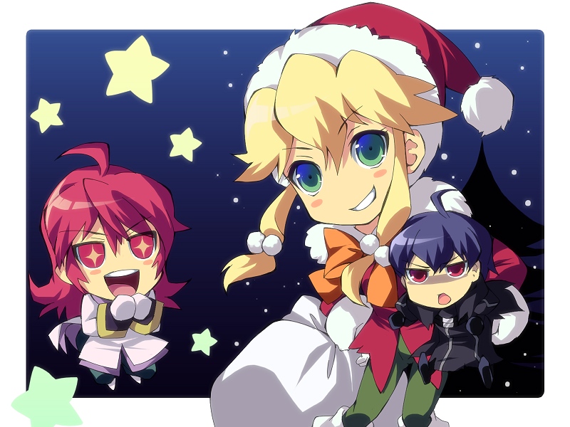 1boy, 2girls, :d, ahoge, bag, belt, black_hair, blonde_hair