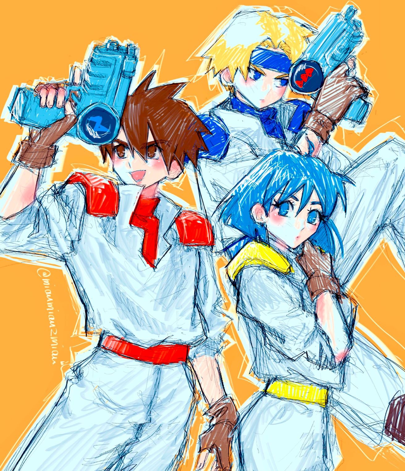 1girl, 2boys, belt, blonde_hair, blue_belt, blue_eyes, blue_hair, blue_headband