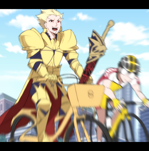 2boys, armor, bicycle, bicycle_basket, bicycle_helmet, black_hair, blonde_hair, city