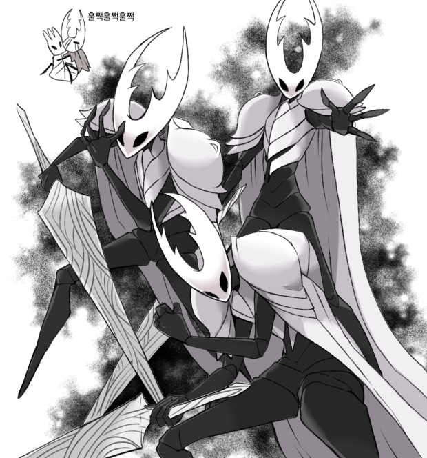 1boy, 1other, cape, commentary_request, crying, holding, holding_weapon, hollow_knight