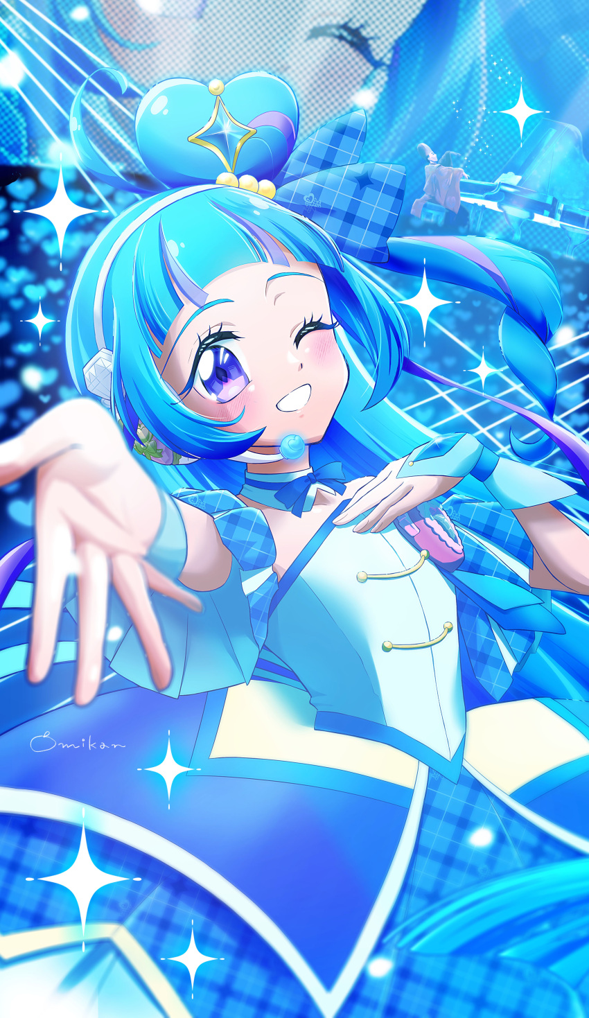 1girl, 1other, absurdres, aokaze_nana, artist_name, blue_bow, blue_bowtie, blue_hair