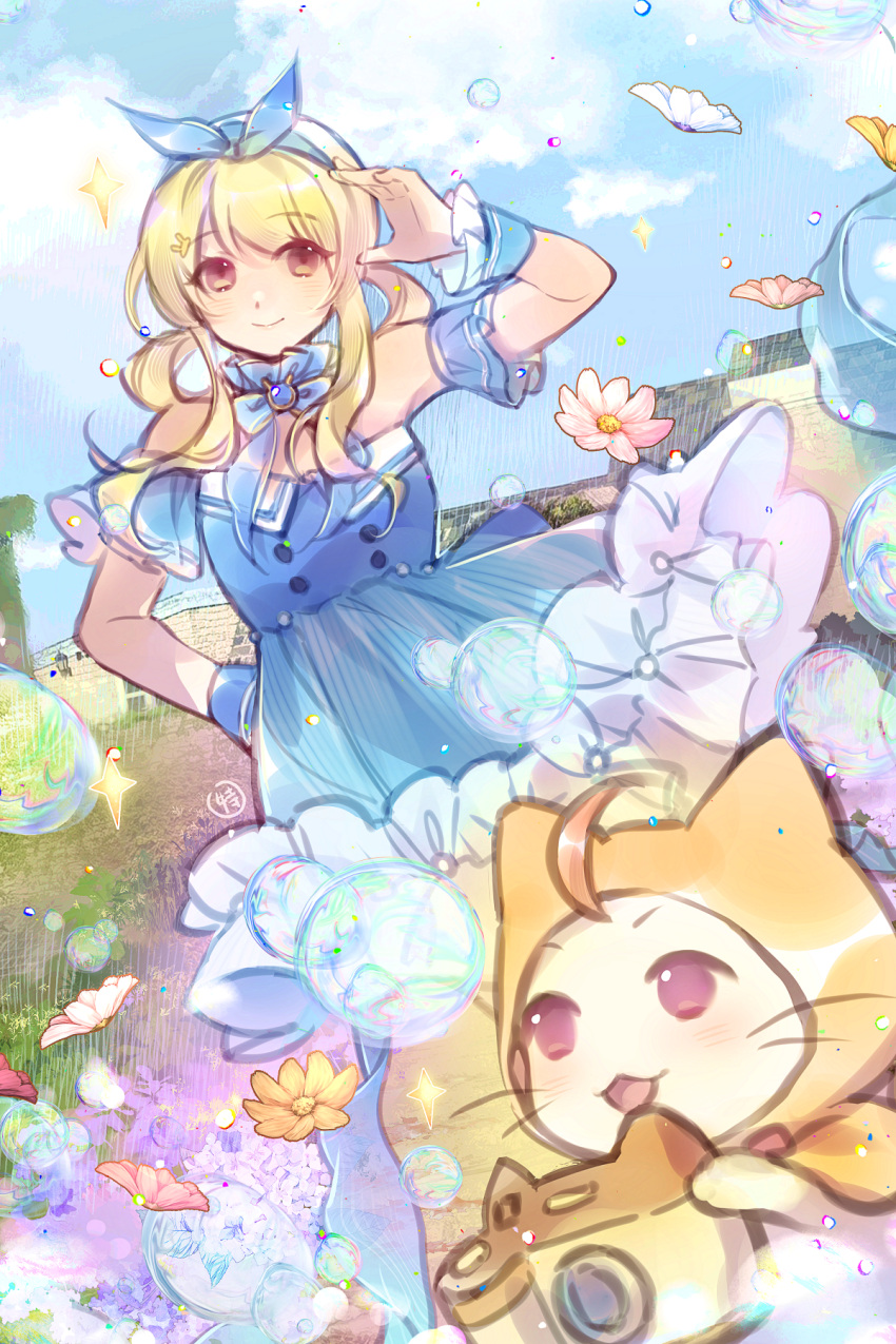 1girl, animal, bare_shoulders, baronet, beads, beret, blonde_hair, blue_bow