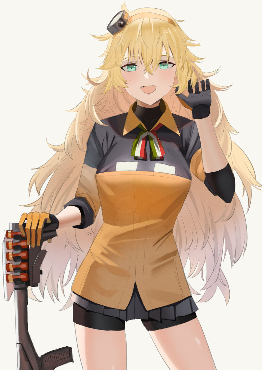 1girl, absurdres, aqua_eyes, bike_shorts, black_gloves, black_shirt, black_shorts, black_skirt, blonde_hair, commentary_request, fabarm_sat-8, flag_print, fluffy_hair, girls_frontline, gloves, gun, highres, holding, holding_gun, holding_weapon, italian_flag, italian_flag_print, koucha_kouden, long_hair, looking_at_viewer, neck_ribbon, open_mouth, orange_shirt, pleated_skirt, ribbon, s.a.t.8_(girls'_frontline), shirt, shorts, shotgun, shotgun_shell, simple_background, skirt, smile, solo, two-tone_gloves, two-tone_shirt, weapon, white_background