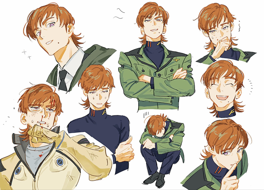 1boy, blood, blood_on_face, brown_hair, crossed_arms, dirty, dirty_face, gundam