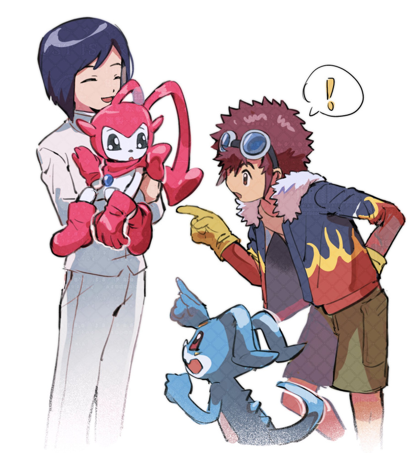 !, 3boys, black_hair, blue_jacket, brown_hair, commentary_request, cowboy_shot, digimon