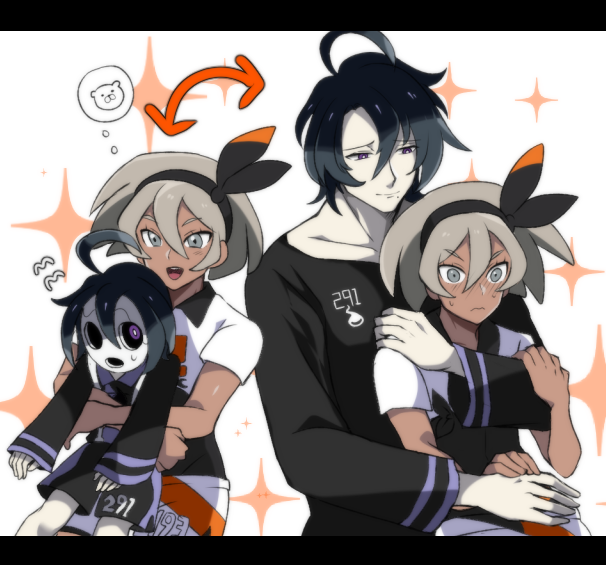 1girl, 2boys, aged_up, ahoge, allister_(pokemon), arrow_(symbol), bea_(pokemon), black_hair, black_hairband, commentary_request, dark-skinned_female, dark_skin, dual_persona, grey_eyes, grey_hair, hairband, hug, hug_from_behind, korean_commentary, letterboxed, mask, multiple_boys, open_mouth, pale_skin, pokemon, pokemon_swsh, short_hair, sleeves_past_wrists, smile, sparkle, sweatdrop, uni_(unnny), violet_eyes