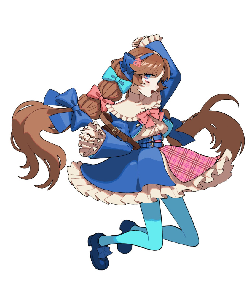 1girl, :d, ano_anoa, apron, arm_up, belt, belt_buckle, blue_belt