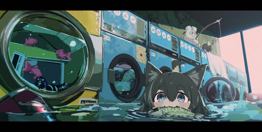 1other, :3, ahoge, animal_ear_fluff, animal_ears, biting, black_hair, blue_eyes