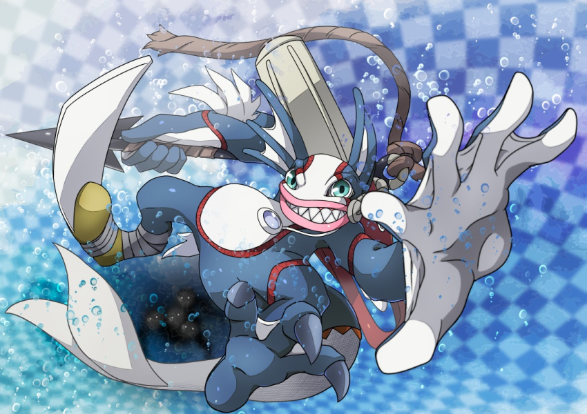 air_bubble, blue_background, blue_eyes, bubble, digimon, digimon_(creature), fins, hangyomon, head_fins, holding_harpoon, parted_lips, roy_payne, sharp_teeth, solo, teeth, underwater