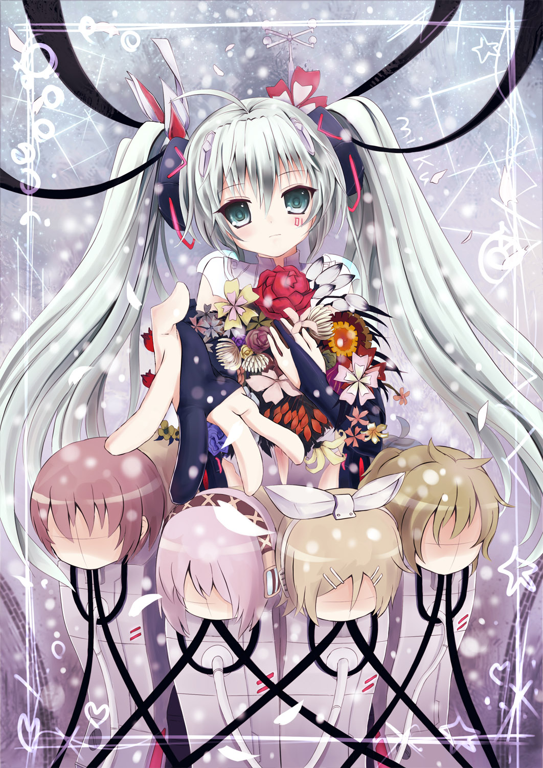 aqua_eyes, character_doll, fingerless_gloves, flower, gloves, green_eyes, hatsune_miku, hatsune_miku_(append)