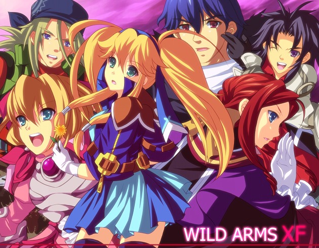 3girls, alexia_lynn_elesius, angry, aqua_eyes, armor, belt, black_hair, blonde_hair, blue_dress, blue_eyes, blue_hair, brown_eyes, clarissa_arwin, coat, dandelion, dress, enoo, everyone, felius_arwin, flower, gloves, hair_intakes, hairband, happy, headband, jewelry, labyrinthia_wordsworth, levin_brenton, long_hair, multiple_boys, multiple_girls, open_mouth, payot, purple_background, purple_eyes, ragnar_blitz_lebrett, red_hair, redhead, ribbon, shawl, short_hair, skirt, spiked_hair, spiky_hair, thigh-highs, thighhighs, title_drop, twintails, violet_eyes, wild_arms, wild_arms_xf, wink