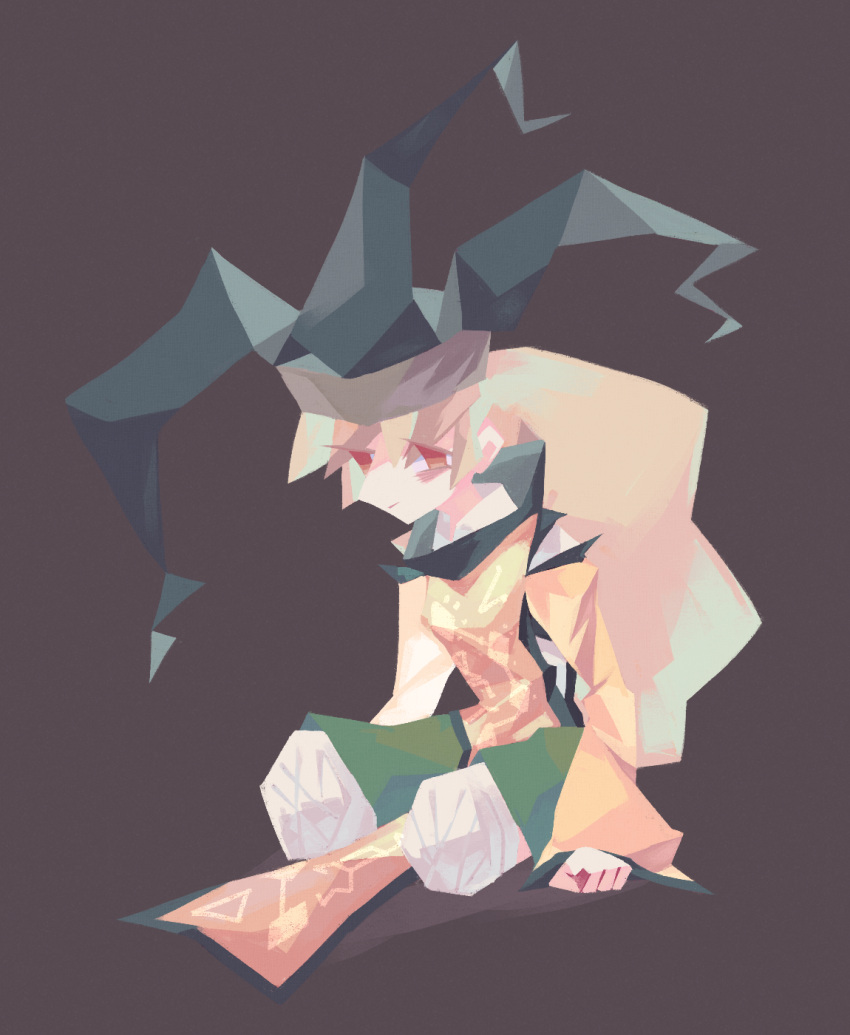 1girl, amputee, bags_under_eyes, bandaged_leg, bandages, black_hat, blonde_hair, brown_background