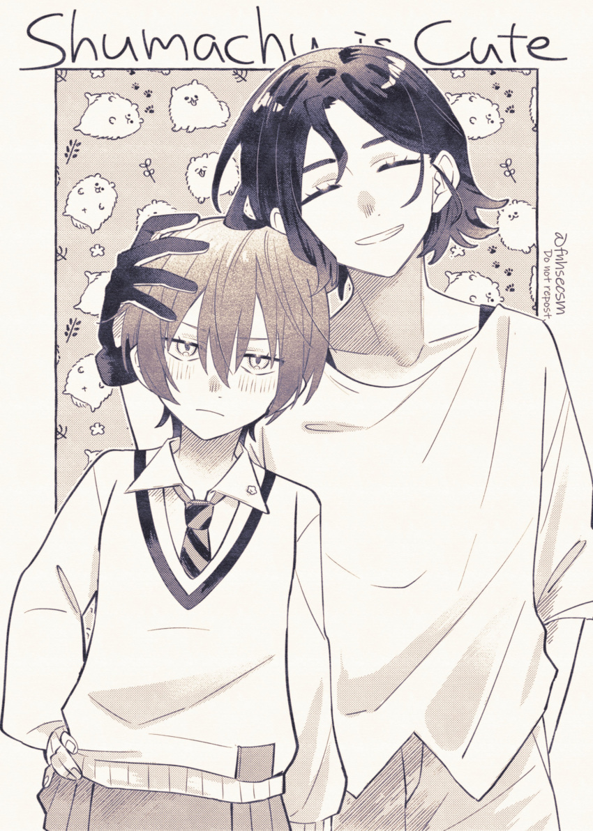 1boy, 1girl, absurdres, amate_yuzuriha, blush, border, closed_eyes, collared_shirt, fnhs31555, greyscale, gundam, gundam_gquuuuuux, hand_on_another's_head, hand_on_own_hip, highres, jitome, looking_at_viewer, monochrome, necktie, pomeranian_(dog), school_uniform, shirt, short_hair, shuji_ito, smile, sweater, upper_body, white_border