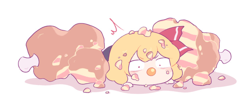 1girl, ^^^, aged_down, baby, blonde_hair, boned_meat, bow, cake