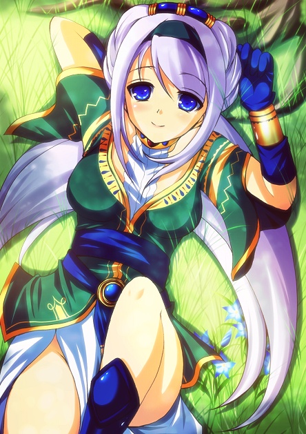 arm_behind_back, avril_vent_fleur, belt, blue_eyes, boots, breasts, choker, enoo, flower, gloves, grass, hairband, jewelry, long_hair, lying, payot, shirt, smile, solo, twintails, white_hair, wild_arms, wild_arms_5, wrist_cuffs