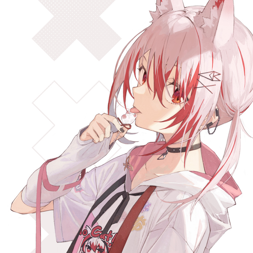 1girl, animal_ears, black_choker, choker, detached_sleeves, ear_piercing, hair_ornament, hairclip
