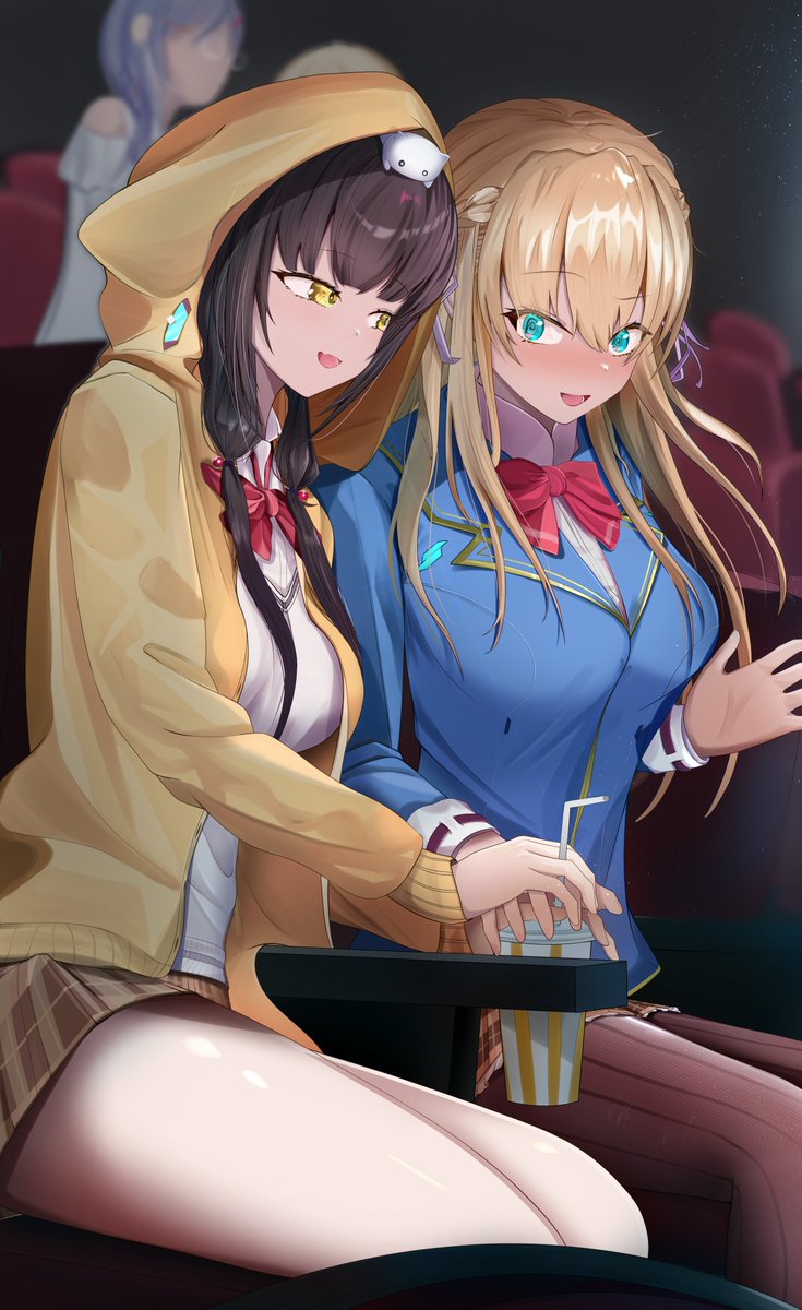 2girls, 4girls, asakura_karen_(heaven_burns_red), black_hair, blonde_hair, blue_jacket, blush, bow