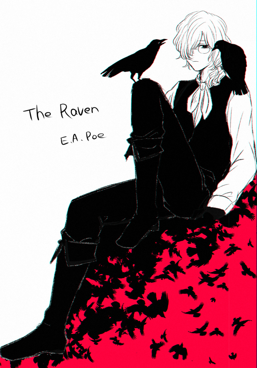 1boy, animal, animal_on_shoulder, bespectacled, bird, bird_on_knee, bird_on_shoulder, boots