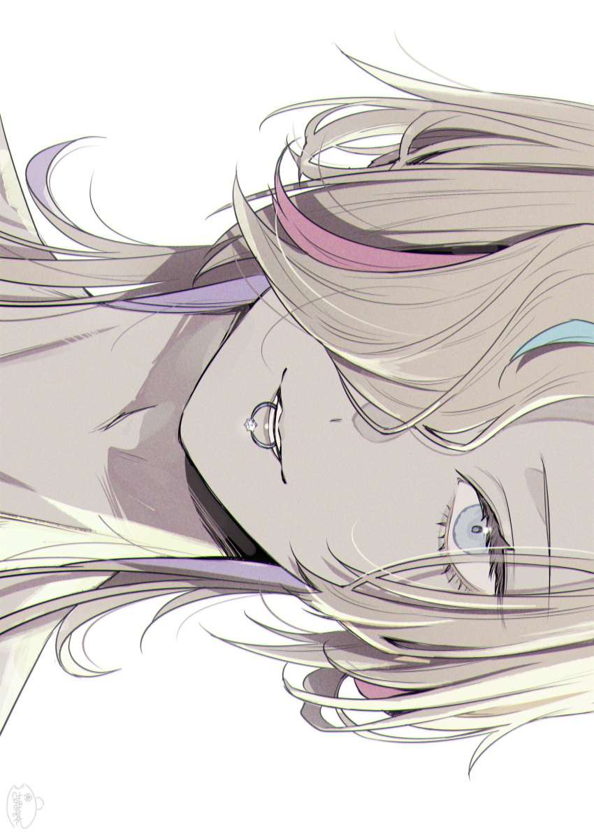 1boy, bishounen, blue_hair, close-up, grey_eyes, hair_over_one_eye, highres, holostars, jewelry, looking_at_viewer, male_focus, medium_hair, mouth_hold, multicolored_hair, one_eye_covered, pink_hair, portrait, purple_hair, ring, sideways, simple_background, smile, solo, straight-on, streaked_hair, teeth, tsukana_(saba_mizore), unworn_ring, utsugi_uyu, virtual_youtuber, white_background, white_hair