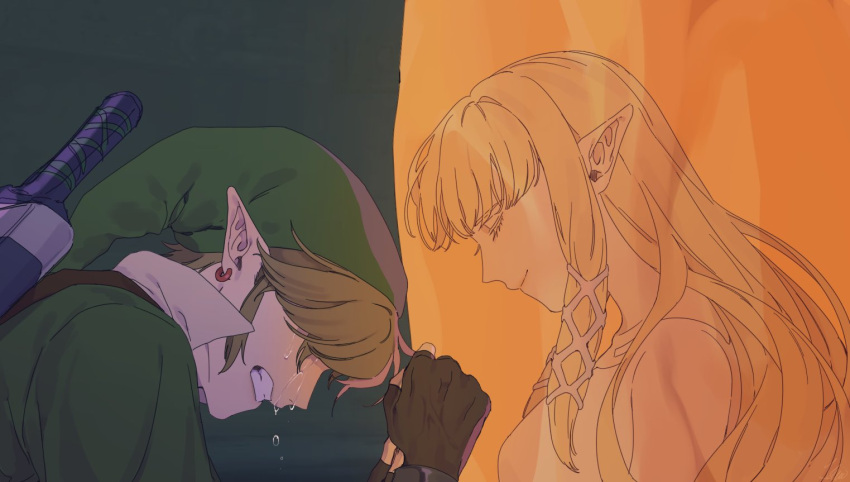 1boy, 1girl, blonde_hair, brown_gloves, closed_eyes, closed_mouth, covered_eyes, crying