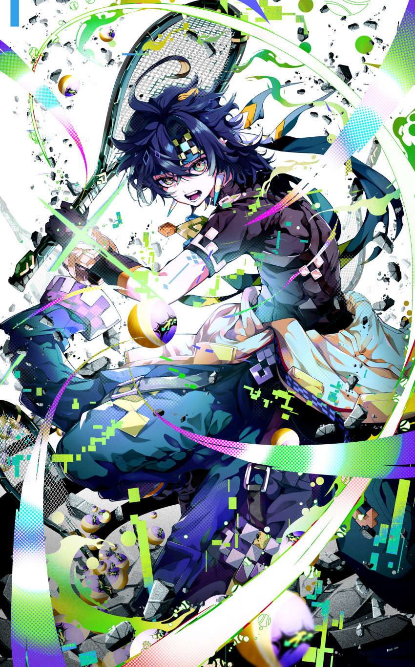 1boy, absurdres, ahoge, ball, black_gloves, black_pants, black_shirt, blue_hair, commentary_request, debris, genshin_impact, gloves, green_eyes, highres, holding_tennis_racket, kinich_(genshin_impact), looking_at_viewer, medium_hair, open_mouth, pants, partial_commentary, racket, rakugaki_choo, shirt, solo, teeth, tennis_ball, tennis_racket