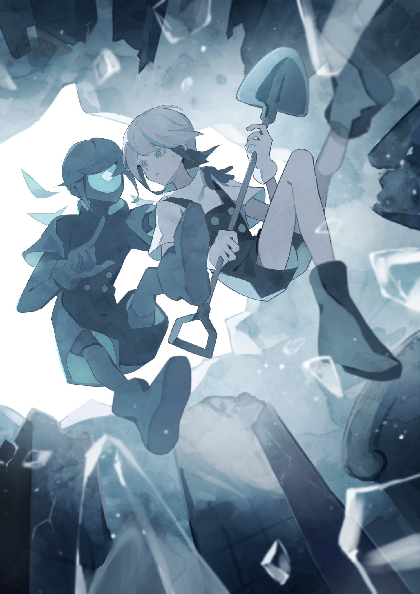 1other, ankle_boots, aqua_eyes, aqua_theme, black_boots, black_hair, black_overalls, boots, fastening_(zutomayo), gloves, highres, holding, holding_shovel, leku_suzuno, looking_at_another, multicolored_hair, overalls, shirt, shovel, sidelocks, teiketsu_(fastening)_(zutomayo), teiketsu_(zutomayo), turtleneck, turtleneck_shirt, two-tone_hair, white_boots, white_gloves, white_hair, white_shirt, zutto_mayonaka_de_ii_no_ni