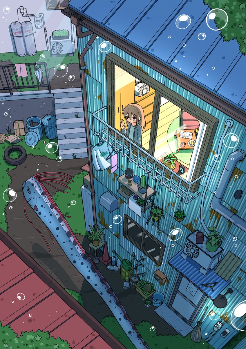 1girl, broom, brown_hair, bubble, cabinet, cheribon, commentary, condenser_unit