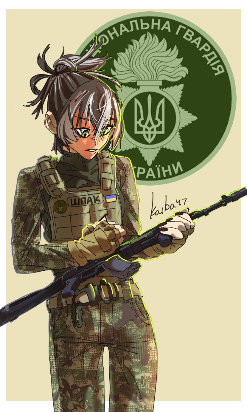 1girl, ak-74, ak-74m, assault_rifle, brown_hair, bulletproof_vest, camouflage, camouflage_jacket