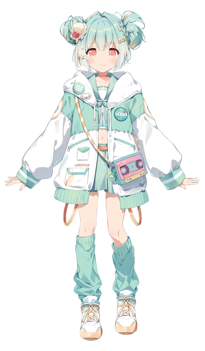 1girl, copyright_name, copyright_notice, first_stage_production, food, full_body, green_hair, green_skirt