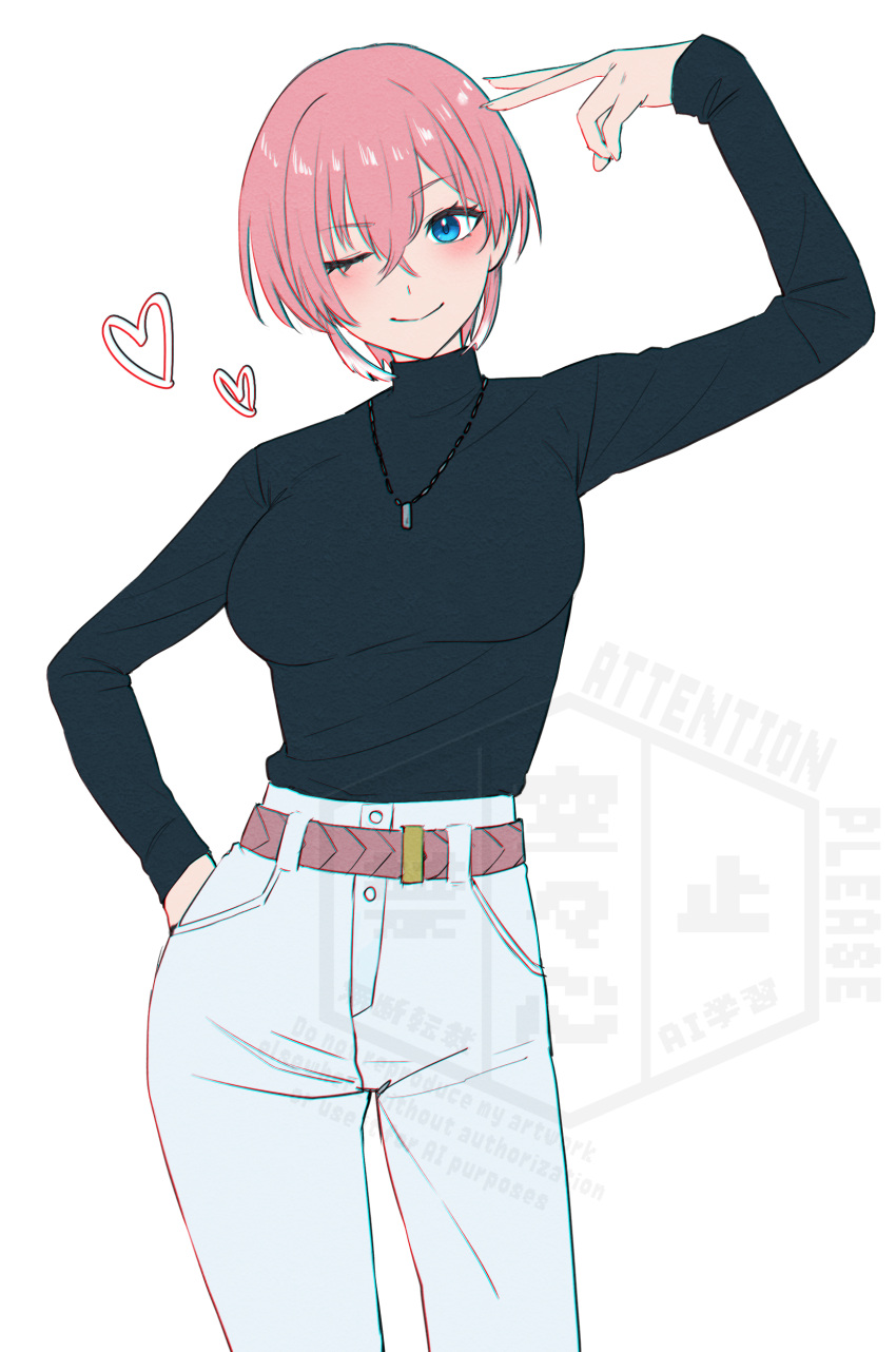 1girl, absurdres, black_shirt, blue_eyes, blush, breasts, hair_between_eyes, heart, highres, hololive, karakr_shin, large_breasts, long_sleeves, looking_at_viewer, one_eye_closed, pants, pink_hair, shirt, short_hair, smile, solo, takane_lui, virtual_youtuber, white_pants