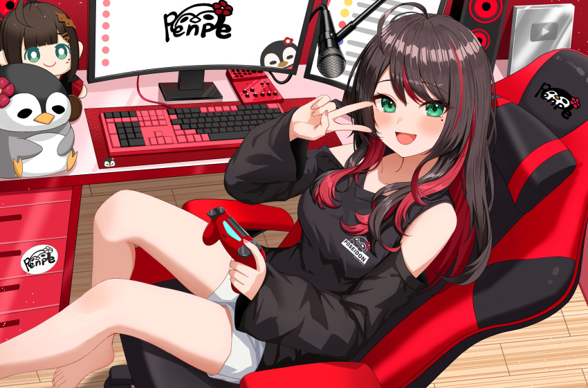 1girl, absurdres, ahoge, barefoot, black_hair, black_shirt, chair, clothing_cutout