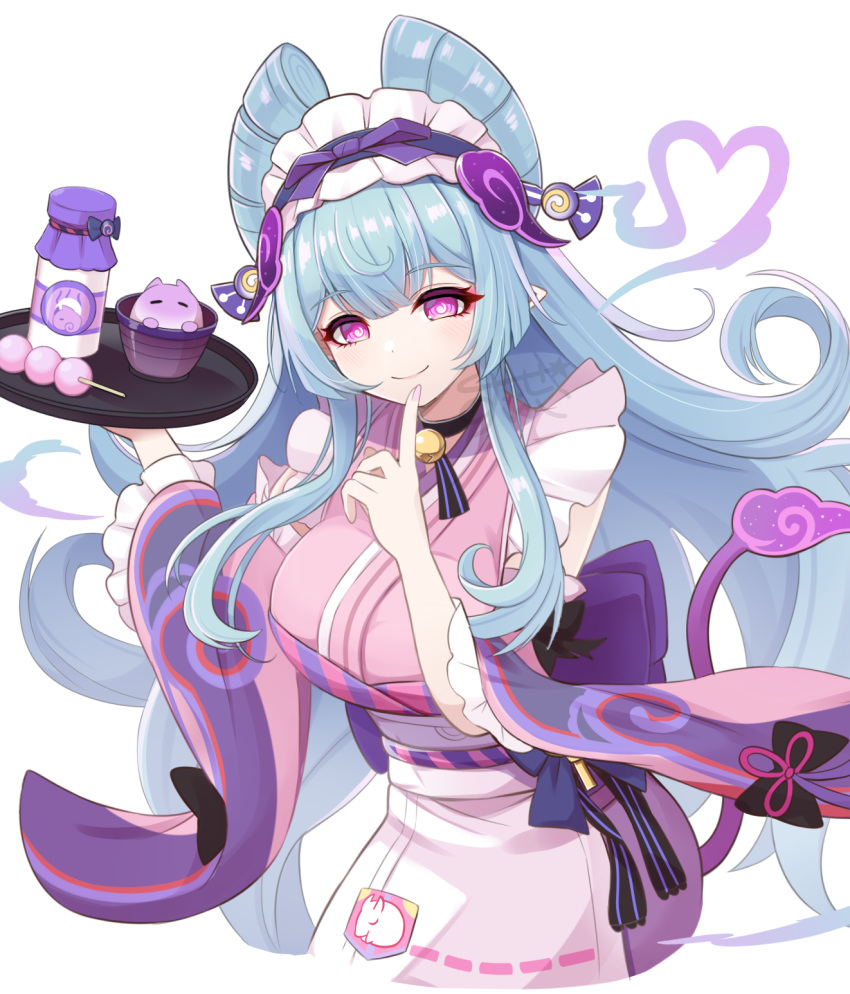1girl, apron, aqua_hair, dango, dango_milk_(genshin_impact), food, frilled_apron, frilled_hairband