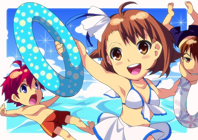 2boys, :d, :o, ahoge, barefoot, bikini, blue_eyes, blush