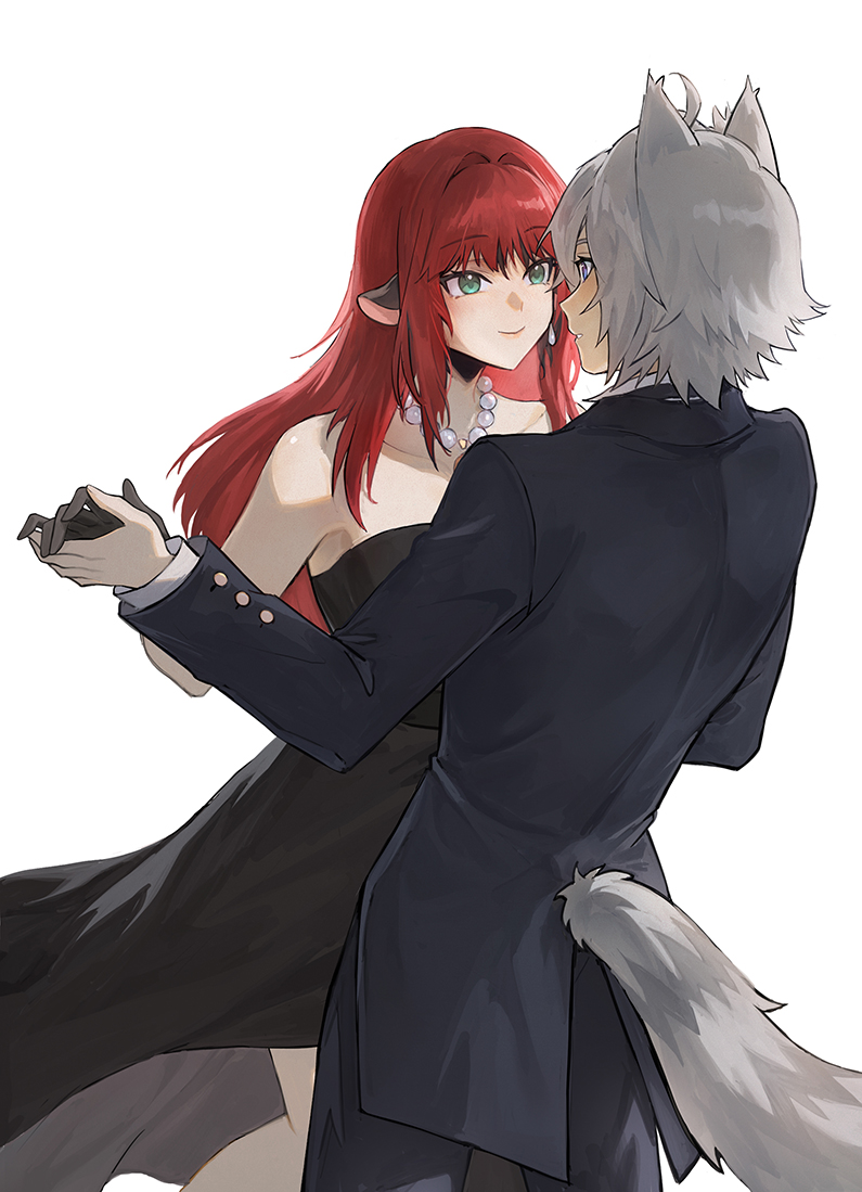 alternate_costume, animal_ears, black_dress, cat_ears, cat_tail, dancing, dream60530, dress, holding_hands, jane_doe_(zenless_zone_zero), jewelry, looking_at_another, mouse_ears, necklace, red_hair, seth_lowell, smile, suit, tail, white_background, white_hair, zenless_zone_zero