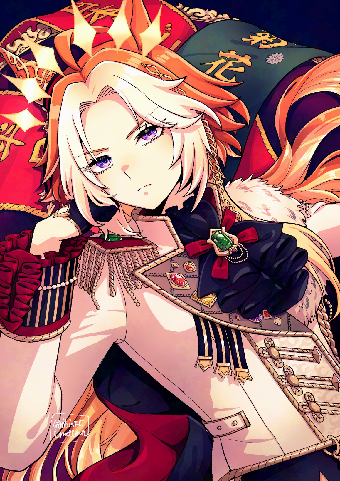 1girl, ahoge, aiguillette, animal_ears, arm_up, ascot, black_ascot, black_gloves