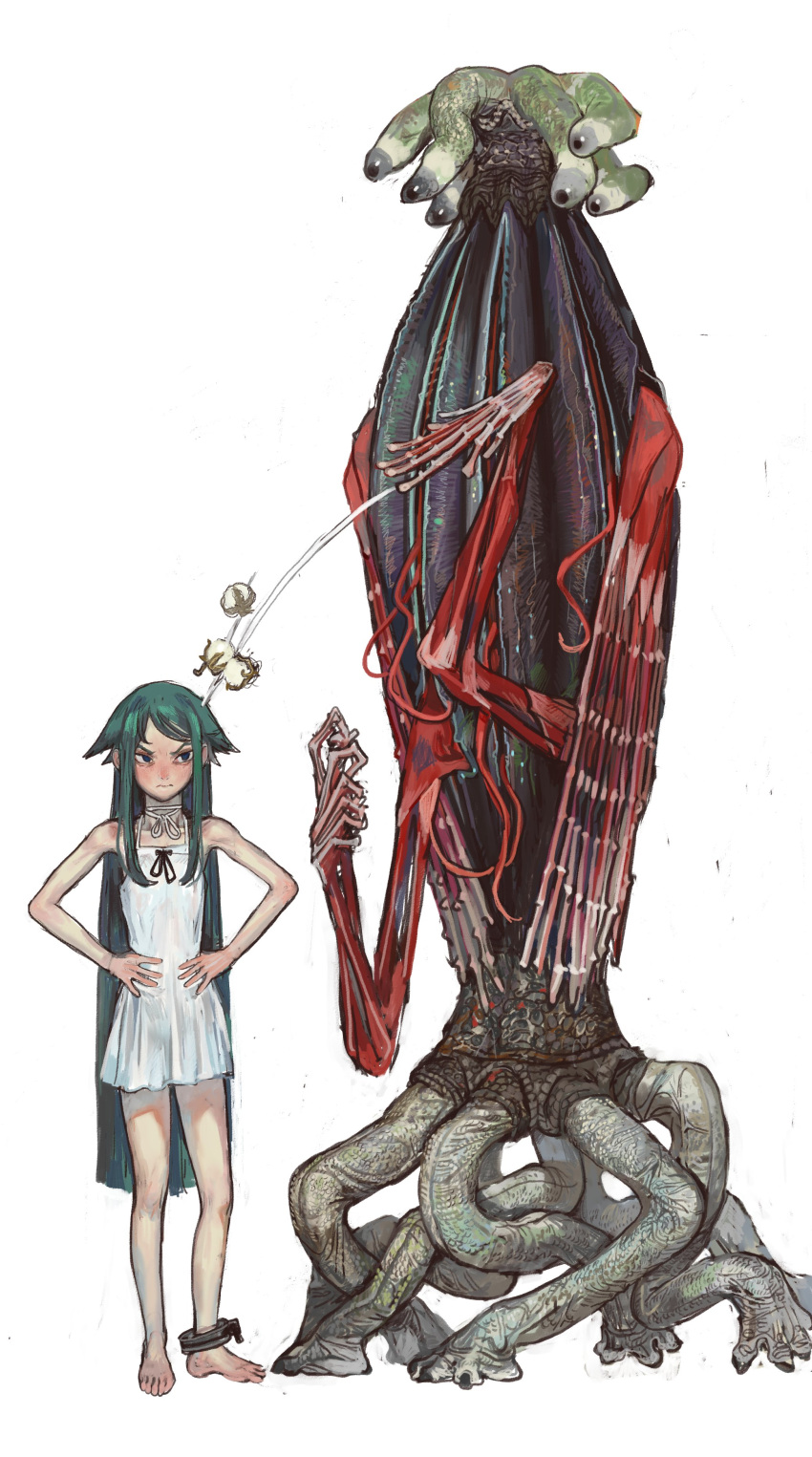 1girl, absurdres, angry, annoyed, bare_shoulders, barefoot, creature, cthulhu_mythos