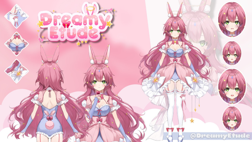 animal_ears, artist_request, bow, bowtie, check_artist, dreamy_etude, green_eyes, hair_ornament, highres, logo, long_hair, magical_girl, multiple_expressions, open_mouth, pink_bow, pink_bowtie, pink_hair, rabbit_ears, rabbit_girl, reference_sheet, shoes, smile, thigh-highs, virtual_youtuber, vivaria_virtual, white_thighhighs