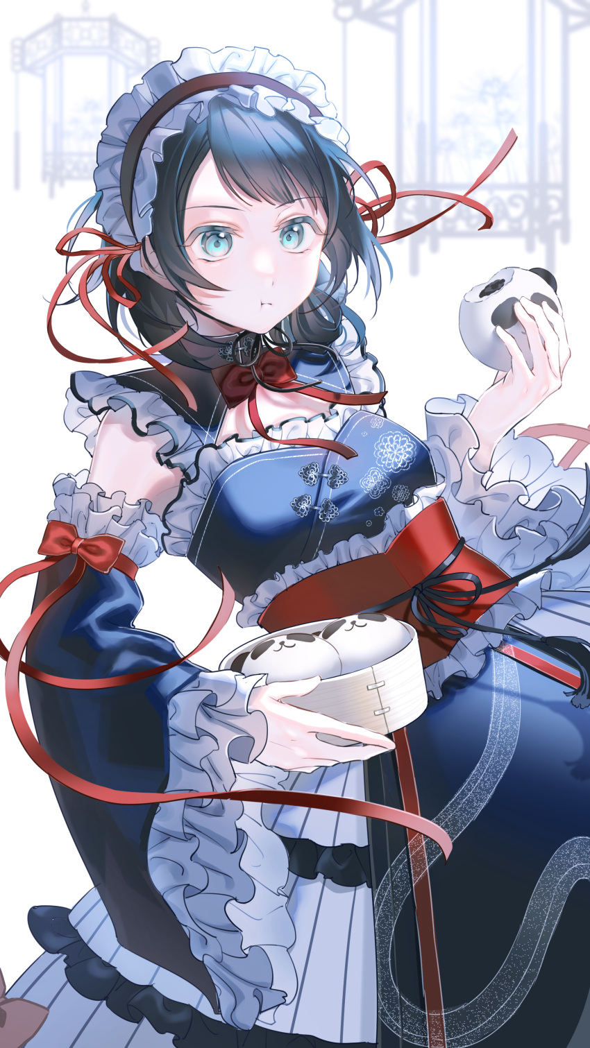 1girl, absurdres, bang_dream!, bang_dream!_it's_mygo!!!!!, black_dress, black_hair, blue_eyes, bow, bowtie, closed_mouth, commentary, detached_sleeves, dress, eating, fondy_(fondy1999), food, highres, maid_headdress, medium_hair, official_alternate_costume, red_bow, red_bowtie, solo, steamed_bun, steaming_food, symbol-only_commentary, timoris_(bang_dream!), wide_sleeves, yahata_umiri