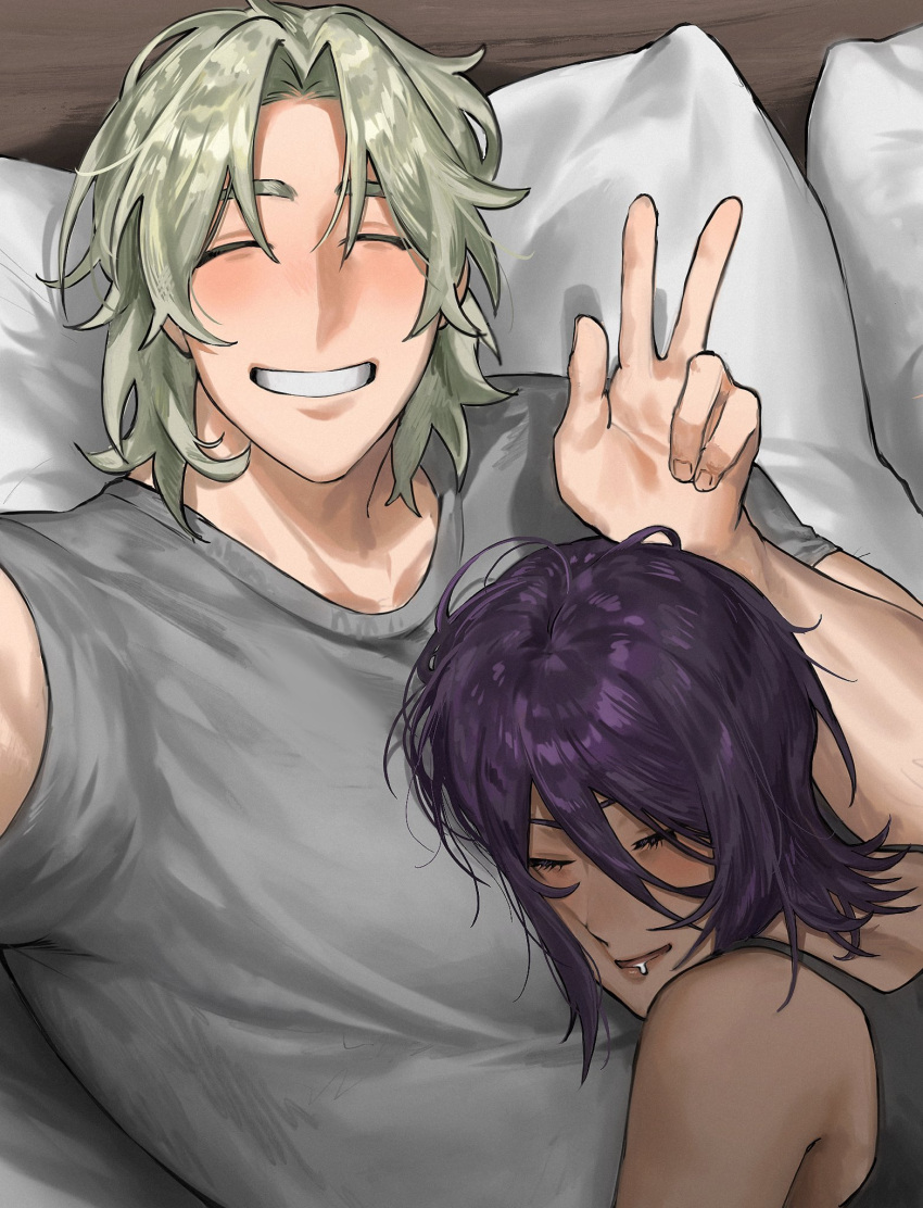 1boy, 1girl, black_tank_top, blonde_hair, closed_eyes, commentary, dark-skinned_female, dark_skin