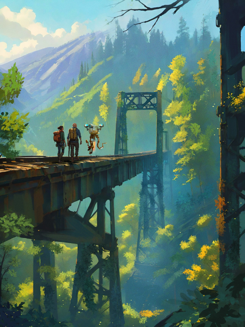 1boy, 1girl, backpack, bag, blue_sky, boots, bridge, brown_hair, clouds, cloudy_sky, fallout, forest, ghoul_(fallout), highres, holding, holding_staff, mister_handy_(fallout), mountain, nature, overgrown, railroad_tracks, robot, sara_cooley, sky, staff