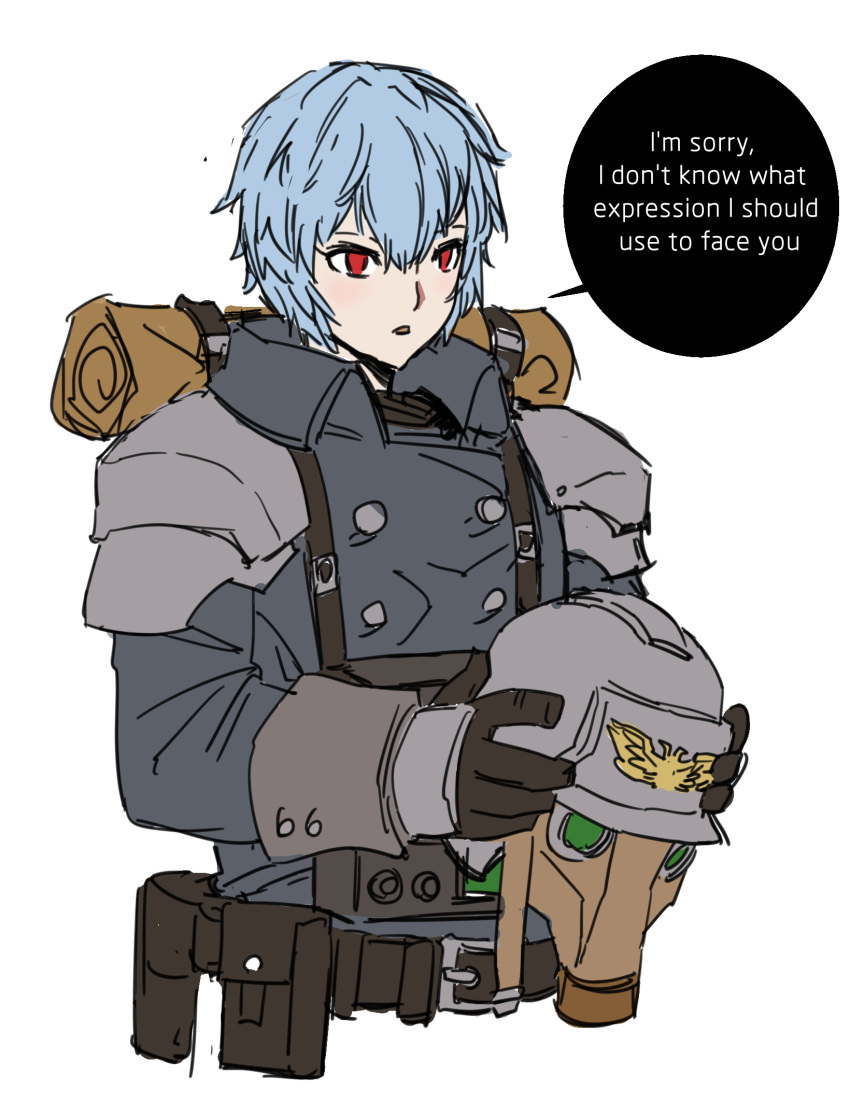 1girl, armor, astra_militarum, ayanami_rei, backpack, bag, bedroll, blue_hair, coat, collar, death_korps_of_krieg, gas_mask, gloves, helmet, highres, imperial_aquila, mask, military_uniform, neon_genesis_evangelion, pauldrons, pouch, red_eyes, rmulderz, short_hair, shoulder_armor, simple_background, solo, trench_coat, warhammer_40k, white_background